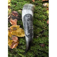 Wikinger-Trinkhorn „SKJOLD“ aus echtem Horn mit Wikingerschiff-Motiv