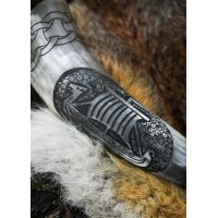 Wikinger-Trinkhorn „SKJOLD“ aus echtem Horn mit Wikingerschiff-Motiv
