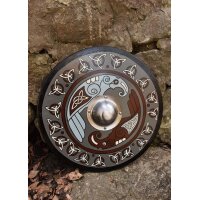 Wikinger-Rundschild „HUGINN & MUNINN“ aus Holz – mit Raben-Motiv und Triquetras