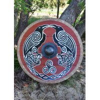 Viking Round Shield “RAVNIR” in Wood – Hugin & Munin with Triskele and Rawhide Rim