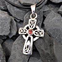 925er Sterlingsilber Anhänger - Keltenkreuz mit rotem Stein