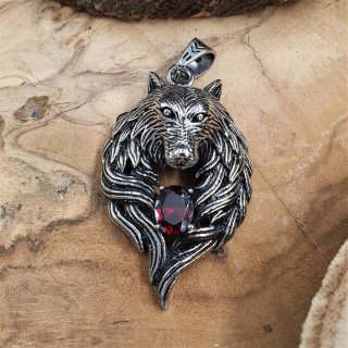 Wolfskopf "SKJÖLL" Anhänger mit einem Rotem Zirkonia aus Edelstahl