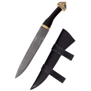 Sax "Woden" aus Damaszenerstahl mit schwarzer Lederscheide & Horngriff