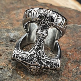 Thors Hammer Ring mit nordischen Runen aus Edelstahl 66 (21,0) / 11 US