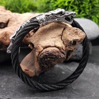 Edelstahl Stahlseil Armband "DROGO" mit Drachenköpfe -  flexibel Schwarz