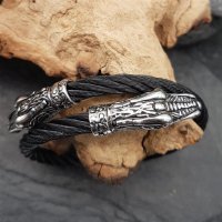 Edelstahl Stahlseil Armband "DROGO" mit Drachenköpfe -  flexibel Schwarz