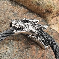 Edelstahl Stahlseil Armband mit Geri & Freki -  flexibel Schwarz