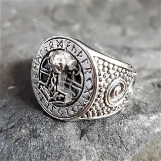 Thors Hammer Siegelring mit Runen aus 925 Sterling Silber