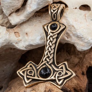 Mjölnir Schmuck Anhänger "Njáll" aus Bronze mit Onyx Steine