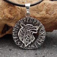 Wolfskopf Schmuckanhänger im Runenkreis aus 925 Sterling Silber