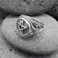 Pentagramm Ring verziert mit Ziegenköpfe aus 925...