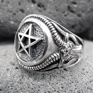 Pentagramm Ring verziert mit Ziegenk&ouml;pfe aus 925 Sterling Silber 59 (18,8) / 8,7 US