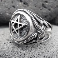Pentagramm Ring verziert mit Ziegenköpfe aus 925 Sterling Silber 70 (22,3) / 12,9 US