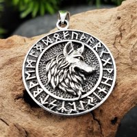 Wolfskopf Schmuckanhänger "BERGWIG" im Runenkreis aus 925 Sterling Silber