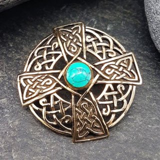 Keltisches Kreuz Fibel mit Türkis aus Bronze