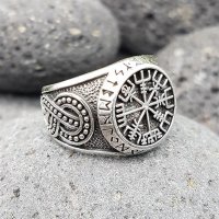 Vegvisir Ring "ODEN" verziert mit der Midgardschlange aus 925 Sterling Silber 59 (18,8) / 8,7 US