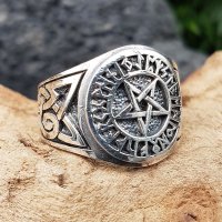 Pentagramm Ring verziert mit Runen und keltische Knoten aus 925 Sterling Silber 54 (17,2) / 6,8 US