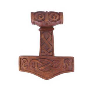 Thorshammer aus Holz mit geschnitztem Gesicht