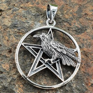 Rabe auf Pentagramm Schmuckanhänger "MUNIN" aus 925 Sterling Silber
