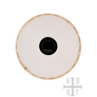 Wikinger-Rundschild „GUNNAR“ aus Holz – unbemalter Rohling mit Segeltuch, Rohhautrand und Eisenbuckel