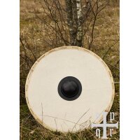 Wikinger-Rundschild „GUNNAR“ aus Holz – unbemalter Rohling mit Segeltuch, Rohhautrand und Eisenbuckel