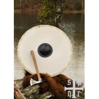 Wikinger-Rundschild „GUNNAR“ aus Holz – unbemalter Rohling mit Segeltuch, Rohhautrand und Eisenbuckel