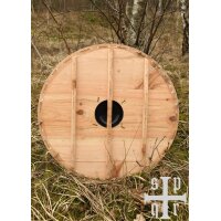 Wikinger-Rundschild „GUNNAR“ aus Holz – unbemalter Rohling mit Segeltuch, Rohhautrand und Eisenbuckel