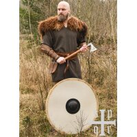 Wikinger-Rundschild „GUNNAR“ aus Holz – unbemalter Rohling mit Segeltuch, Rohhautrand und Eisenbuckel