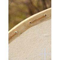 Wikinger-Rundschild „GUNNAR“ aus Holz – unbemalter Rohling mit Segeltuch, Rohhautrand und Eisenbuckel