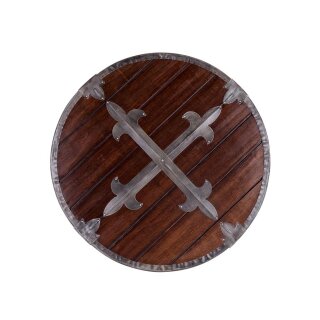 Mittelalter-Rundschild „BALDWIN“ aus Holz – mit gekreuzten Stahlbeschlägen und Lederriemen