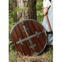 Mittelalter-Rundschild „BALDWIN“ aus Holz – mit gekreuzten Stahlbeschlägen und Lederriemen