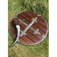 Mittelalter-Rundschild „BALDWIN“ aus Holz – mit gekreuzten Stahlbeschlägen und Lederriemen