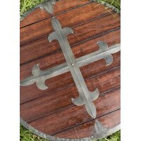 Mittelalter-Rundschild „BALDWIN“ aus Holz – mit gekreuzten Stahlbeschlägen und Lederriemen