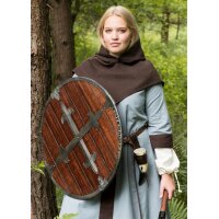 Mittelalter-Rundschild „BALDWIN“ aus Holz – mit gekreuzten Stahlbeschlägen und Lederriemen