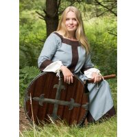 Mittelalter-Rundschild „BALDWIN“ aus Holz – mit gekreuzten Stahlbeschlägen und Lederriemen