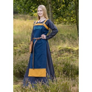Viking Apron Dress Hilja with Embroidery, Blue/Mustard