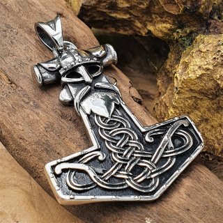 Thors Hammer Anhänger verziert mit Keltischen Knoten und mit Wikinger Kopf  aus Edelstahl