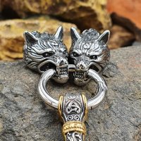 Massive Edelstahl Halskette Thors Hammer mit Fenris Wolf- Schwarz Silber Gold - 60cm