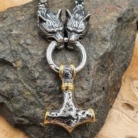 Massive Edelstahl Halskette Thors Hammer mit Fenris Wolf - Silber Gold - 60cm
