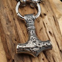 Massive Edelstahl Halskette Thors Hammer mit Fenris Wolf- Schwarz Silber - 60 cm