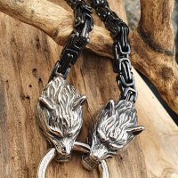 Massive Edelstahl Halskette Thors Hammer mit Fenris Wolf- Schwarz Silber - 60 cm