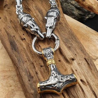 Massive Edelstahl Wikinger Halskette Thors Hammer mit Fenris Wolf Silber- & Goldfarben - 60 cm