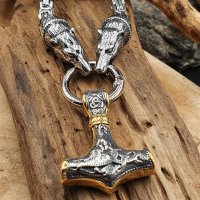 Massive Edelstahl Wikinger Halskette Thors Hammer mit Fenris Wolf Silber- & Goldfarben - 60 cm