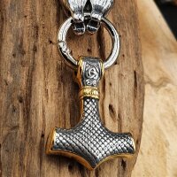 Massive Edelstahl Wikinger Halskette Thors Hammer mit Fenris Wolf Silber- & Goldfarben - 60 cm