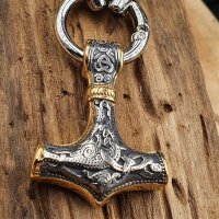 Massive Edelstahl Wikinger Halskette Thors Hammer mit Fenris Wolf Silber- & Goldfarben - 60 cm