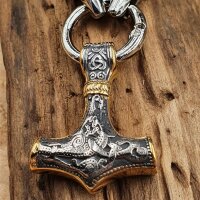 Massive Edelstahl Wikinger Halskette Thors Hammer mit Fenris Wolf Silber- & Goldfarben - 60 cm