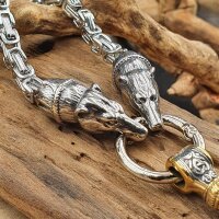 Massive Edelstahl Wikinger Halskette Thors Hammer mit Fenris Wolf Silber- & Goldfarben - 60 cm