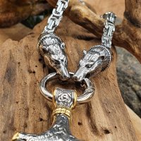 Massive Edelstahl Wikinger Halskette Thors Hammer mit Fenris Wolf Silber- & Goldfarben - 60 cm