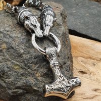 Massive Edelstahl Halskette Thors Hammer mit Fenris Wolf - Silberfarben - 60 cm