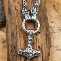 Massive Edelstahl Halskette Thors Hammer mit Fenris Wolf - Silberfarben - 60 cm